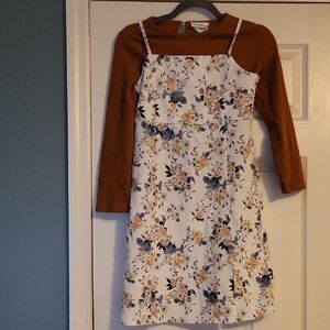 Girls Floral Spaghetti Strap Dress with Brown Long Sleeve Size 14